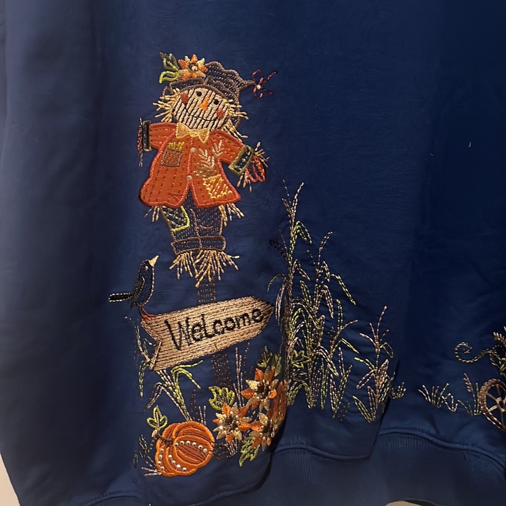 Alfred Dunner Navy Blue Crewneck Sweater with Autumn Embroidery - Picture 3 of 5